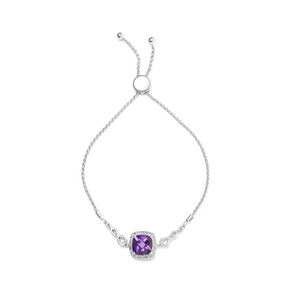 .925 Sterling Silver 10mm Cushion Cut Amethyst Gemstone and Diamond Accent Lariat 4”-10” Adjustable Bolo Bracelet (H-I Color, SI1-SI2 Clarity)