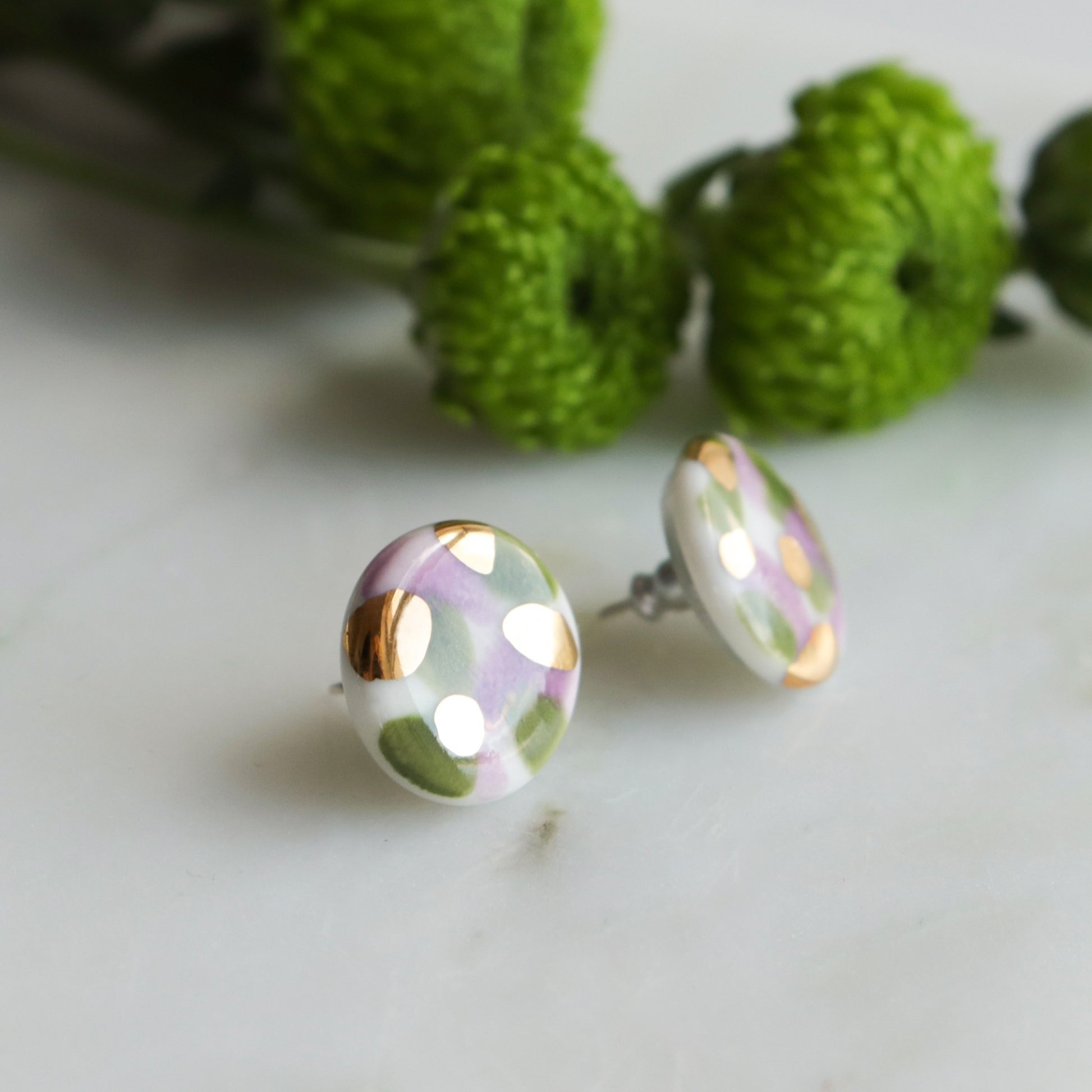 Porcelain Tache Studs -  Green and Violet