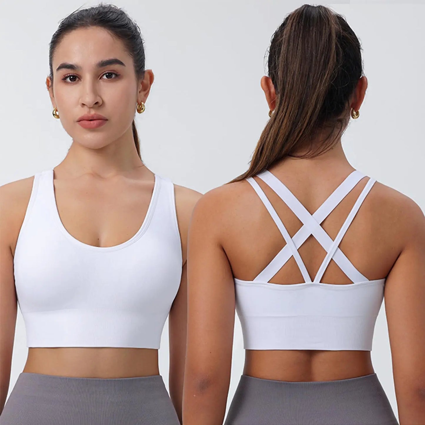 Evercute Sports Bra for Women Padded Medium Support Criss Cross Strappy Bras Seamless High Impact Yoga Exercise Athletic Bras Large Style-b Black White Gray 3 Pack