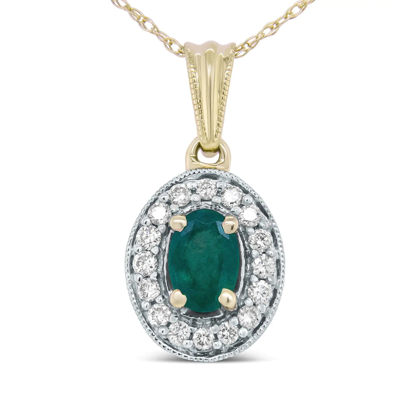 14K gult gull 6x4 mm Emerald og 1/5 Cttw rundt diamanthalo-anheng 18" halskjede - (HI-farge, SI1-SI2-klarhet)