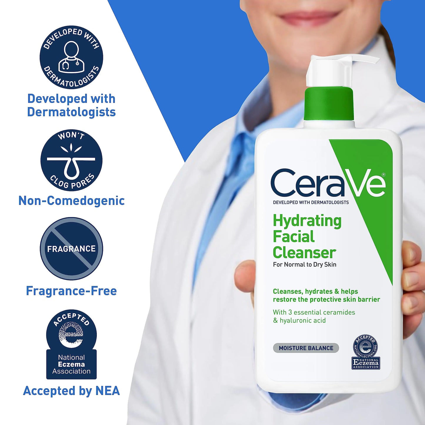 CeraVe Hydrating Facial Cleanser | Fuktighetsgivende ansiktsvask for tørr hud | Hyaluronsyre + Ceramider + Glyserin | Hydraterende rengjøringsmiddel for normal til tørr hud | National Eczema Association sertifisert 