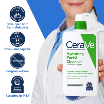 CeraVe Hydrating Facial Cleanser | Fuktighetsgivende ansiktsvask for tørr hud | Hyaluronsyre + Ceramider + Glyserin | Hydraterende rengjøringsmiddel for normal til tørr hud | National Eczema Association sertifisert 