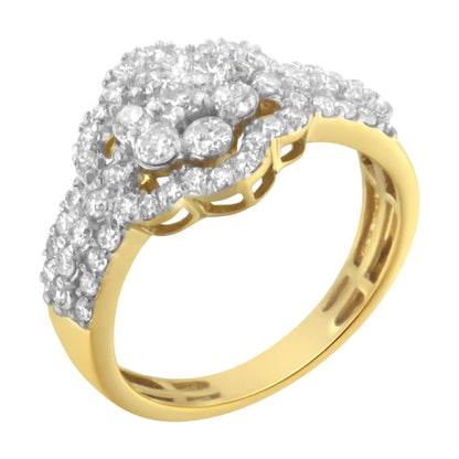 Anillo floral abierto con halo de diamantes de 1,0 ct y baño de oro amarillo de 10 quilates en plata de ley 925 (color JK, claridad I2-I3)