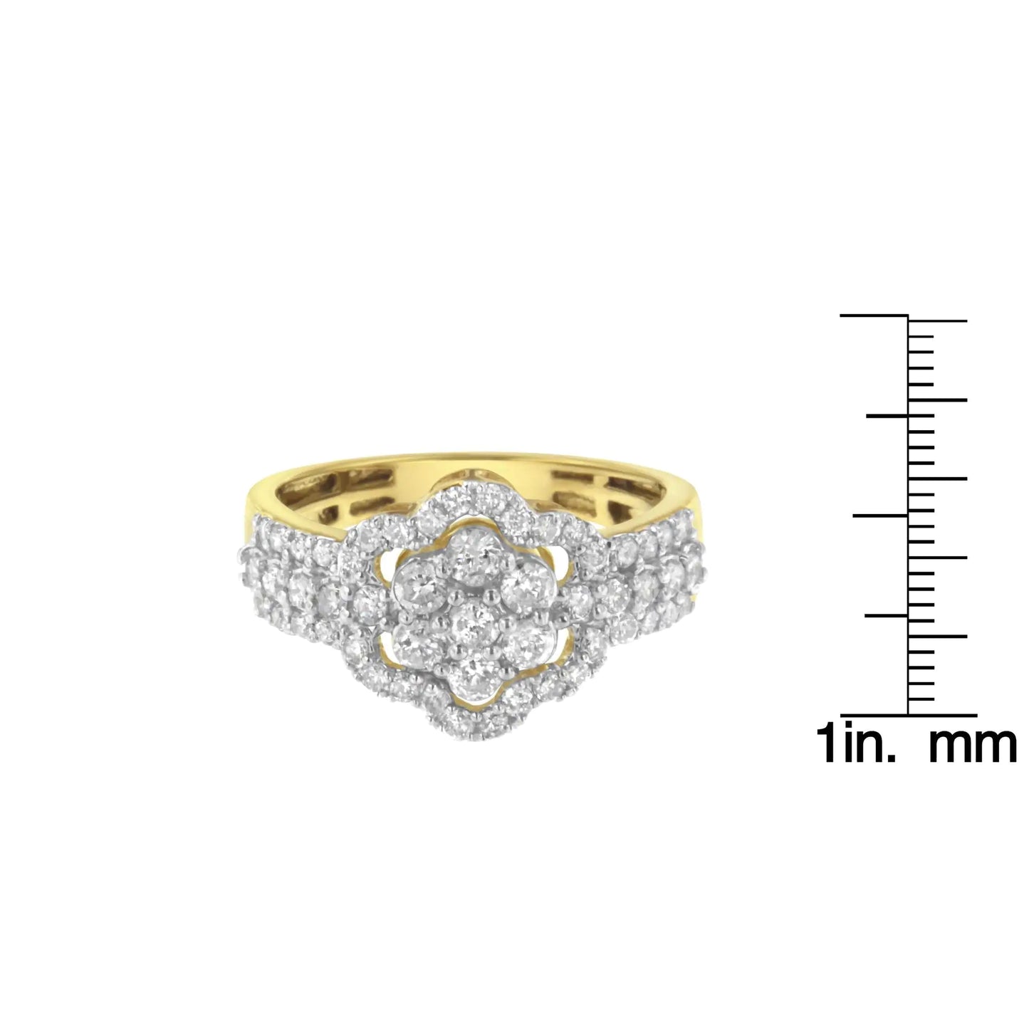 Anillo floral abierto con halo de diamantes de 1,0 ct y baño de oro amarillo de 10 quilates en plata de ley 925 (color JK, claridad I2-I3)