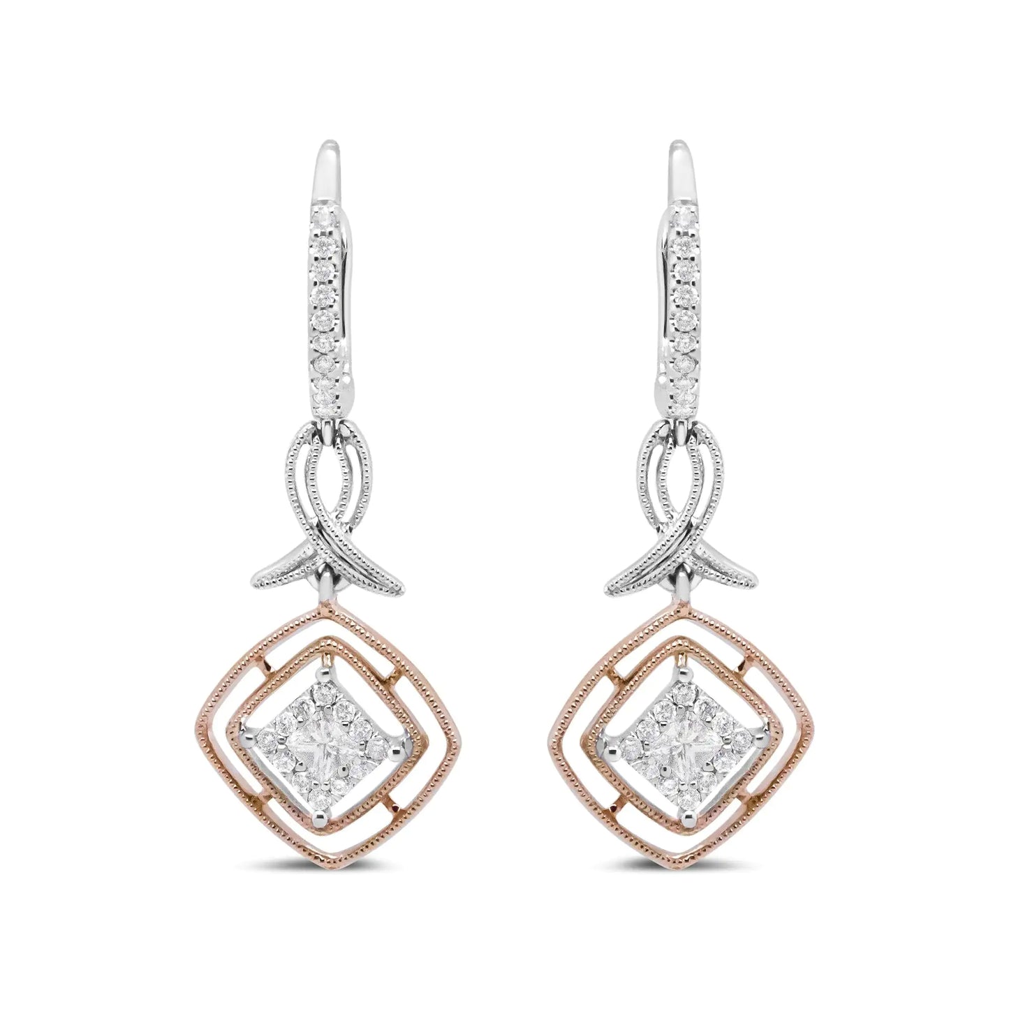 Aretes colgantes de cinta marquesa calada con diamantes de talla princesa y redonda de 1/2 ct en oro blanco y rosa de 14 quilates (color GH, claridad SI2-I1)