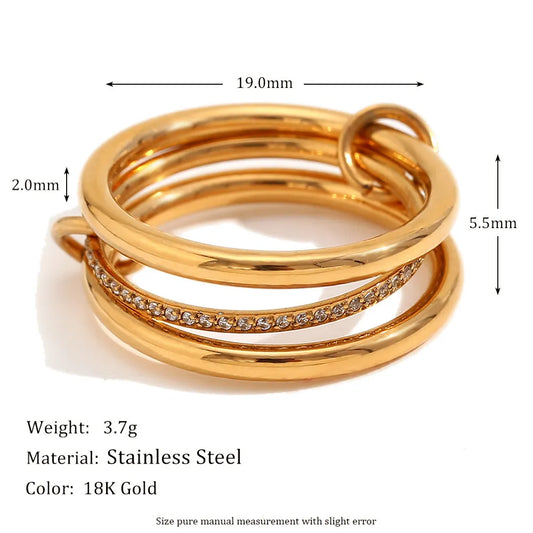 Firelags diamantring i rustfritt stål 18K gullbelagt i midten - Anillo de diamante medio de cuatro capas chapado en oro de 18 quilates de acero inoxidable