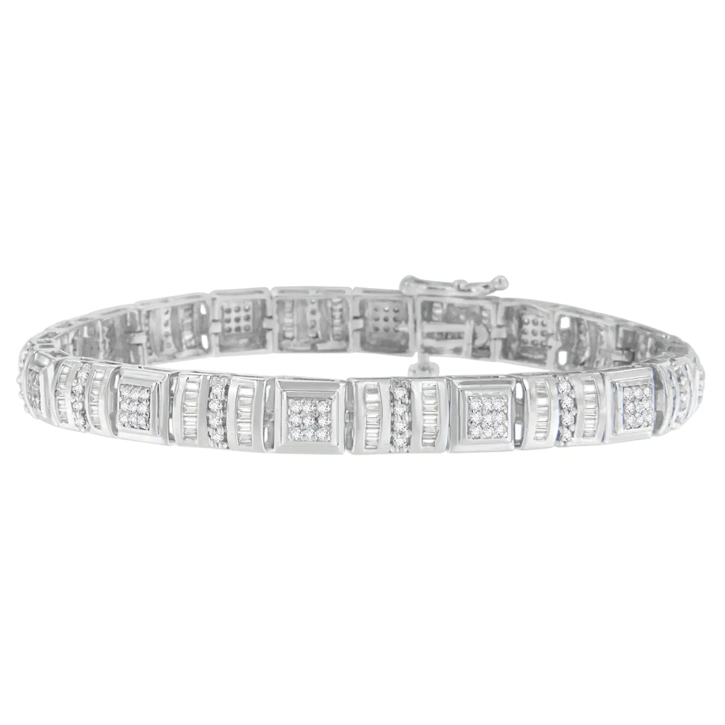 10K White Gold Round and Baguette Cut Diamond Bracelet (2.00 cttw, H-I Color, I2-I3 Clarity)