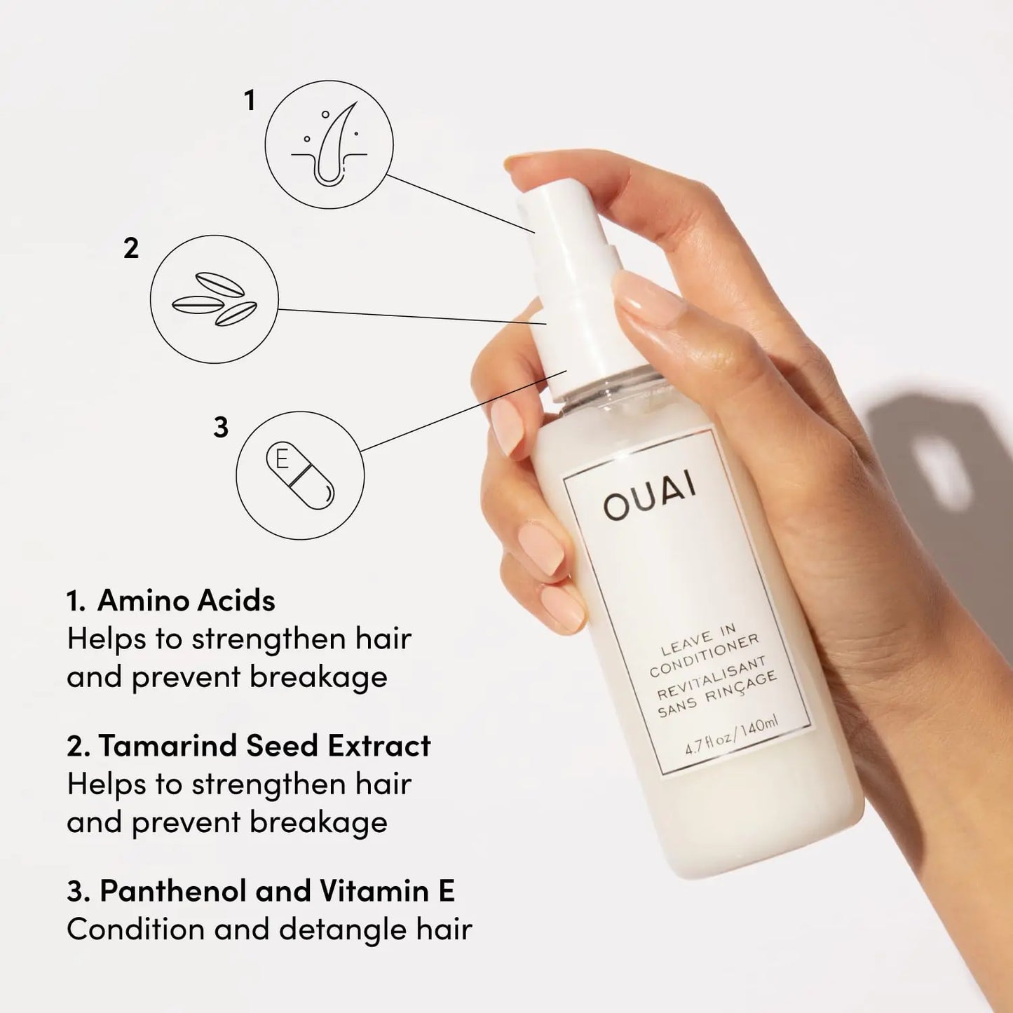 OUAI 免洗护发素和防热喷雾 - 为头发定型、抚平凌乱、增添光泽并用作顺发喷雾 - 不含对羟基苯甲酸酯、硫酸盐或邻苯二甲酸盐（1.5 盎司）1.5 液体盎司（1 包）