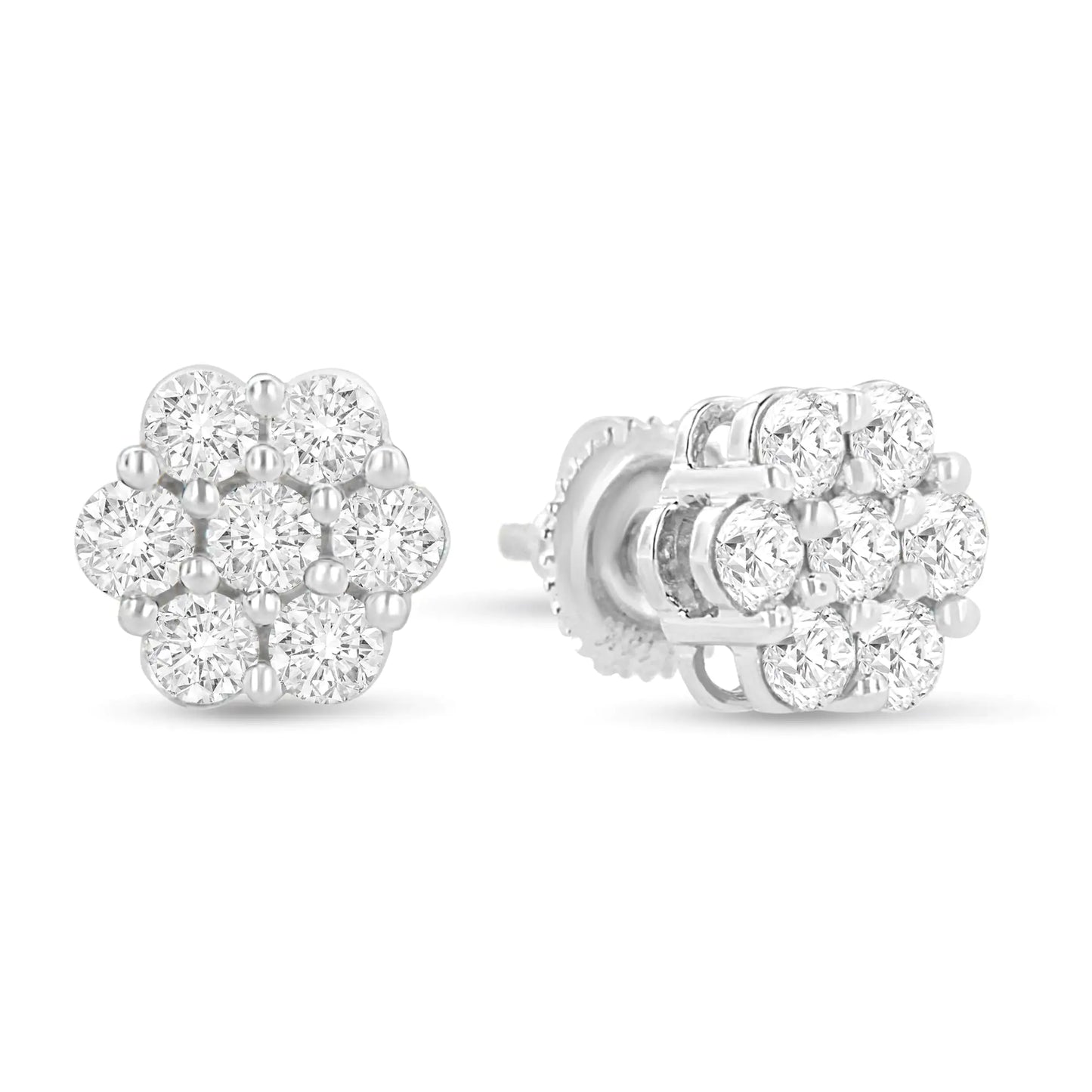 14K White Gold 1.0 Cttw Prong Set Round-Cut Diamond Floral Stud Earrings (H-I Color, I1-I2 Clarity)