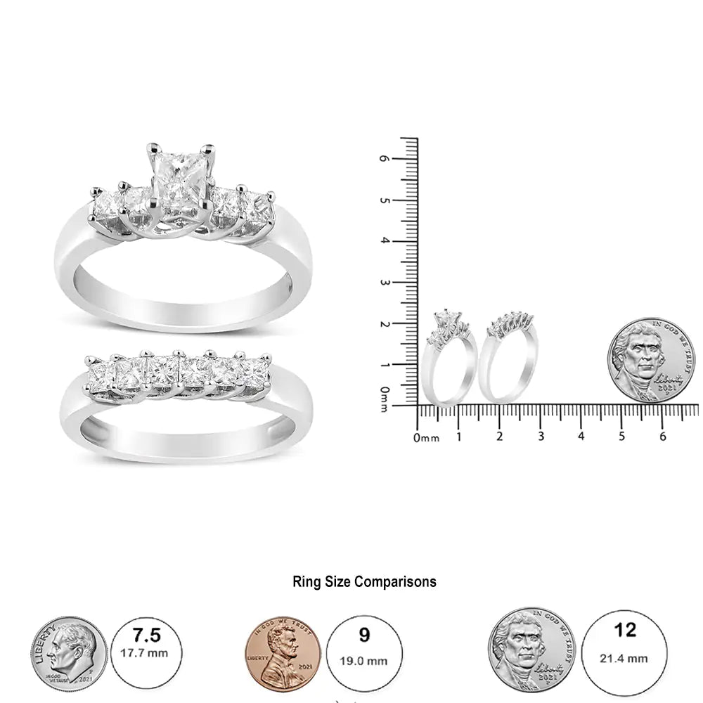 14K hvitt gull 1 1/2 Cttw 5 Stone Princess Diamond forlovelsesringsett (HI Color, SI2-I1 Clarity)