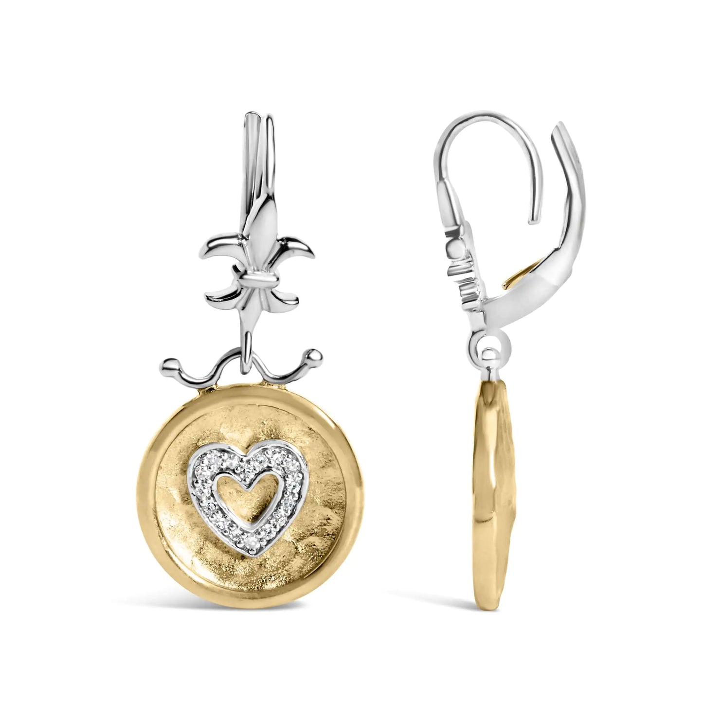 18K Yellow Gold Plated .925 Sterling Silver 1/8 Cttw Diamond Hammered Finished Medallion Heart Drop and Dangle Earrings (I-J Color, SI1-SI2 Clarity)