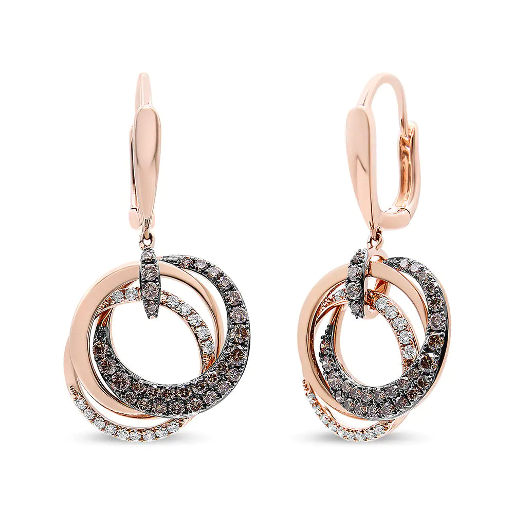 Aros y aretes colgantes circulares entrelazados de diamantes blancos y marrones de 1,00 ct en oro rosa de 14 quilates (color marrón HI, claridad SI1-SI2)