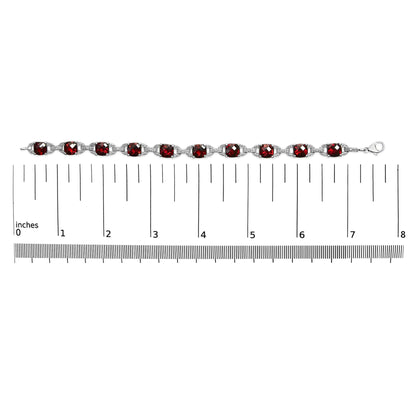 .925 Sterling Silver 7x7mm Checkered Cushion Red Garnet and Diamond Accent Fashion Tennis Link Bracelet (I-J Color, I1-I2 Clarity) - Size 7" Inch