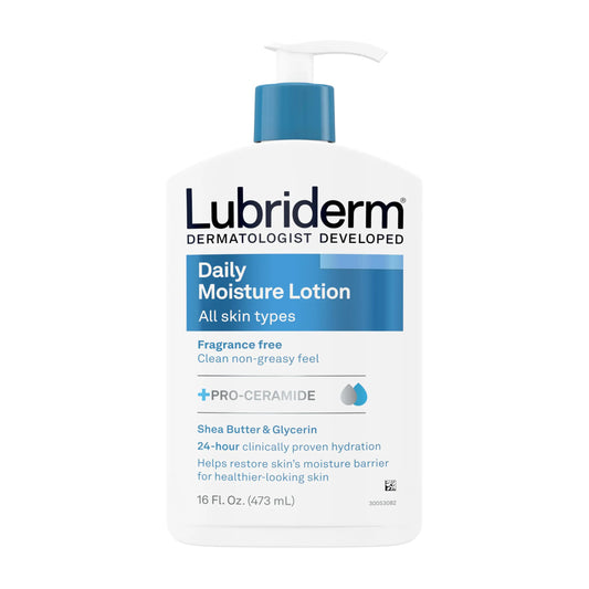 Loción hidratante diaria Lubriderm sin fragancia + proceramida, manteca de karité y glicerina. Loción facial, de manos y corporal para piel sensible. Loción hidratante para una piel de aspecto más saludable. 16 onzas líquidas.