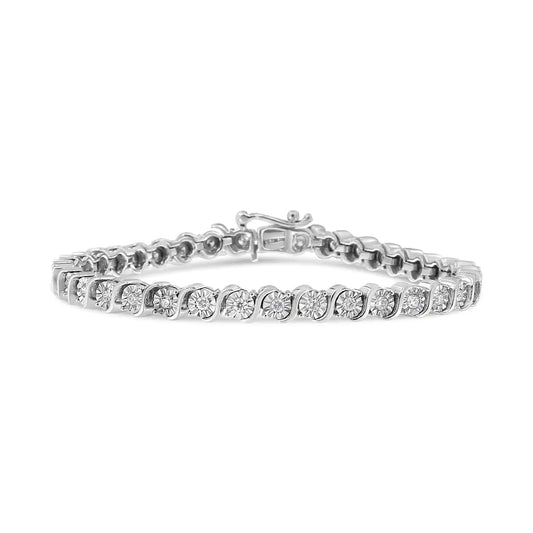 Pulsera de tenis de oro blanco de 14 quilates con diamantes cultivados en laboratorio de 1,00 ct, placa milagrosa redonda y eslabones en forma de "S" (color FG, claridad VS2-SI1), talla 7"