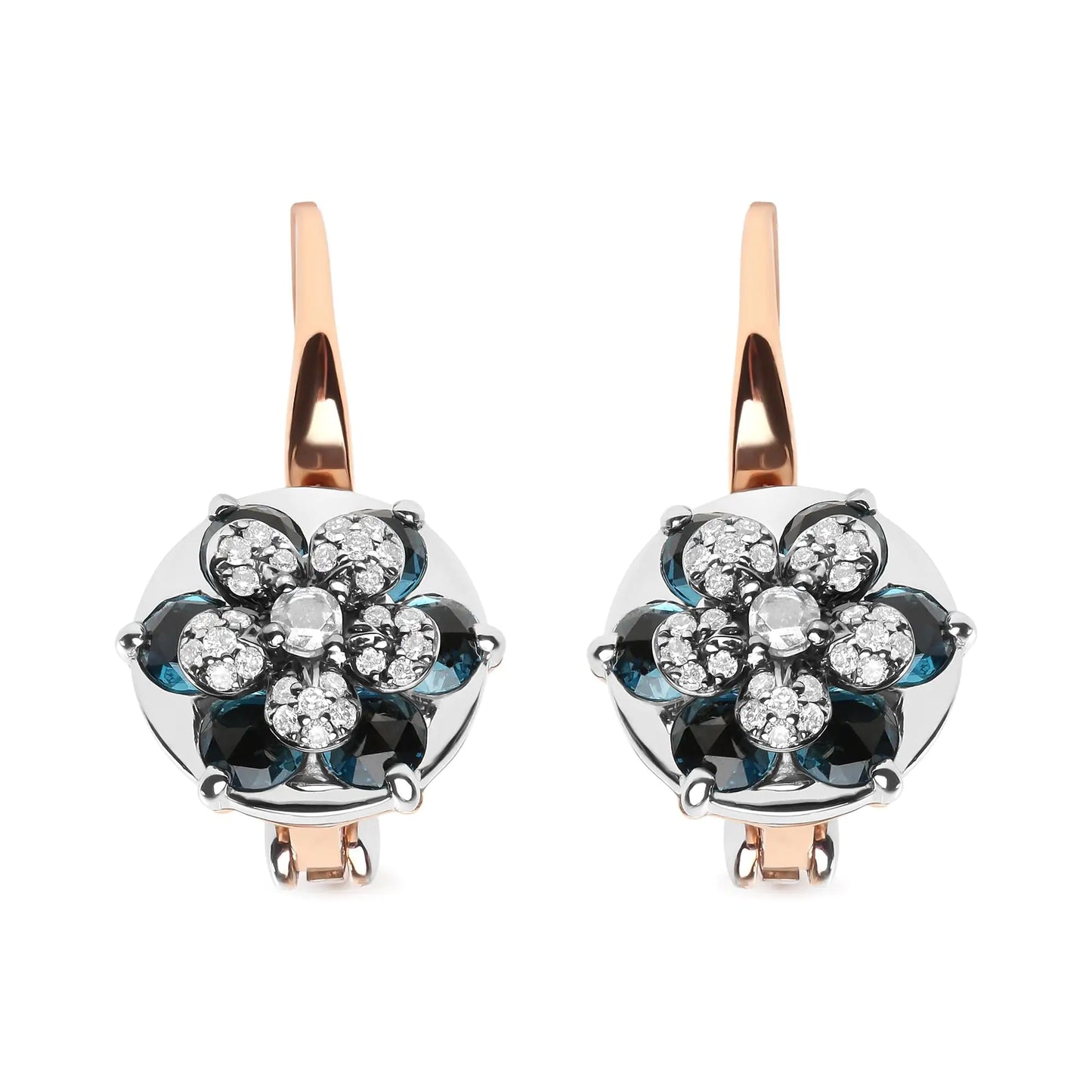 18K Rose and White Gold 1/3 Cttw Round Diamonds and Round London Blue Topaz Gemstone Cluster Floral Drop Hoop Earrings (G-H Color, SI1-SI2 Clarity)