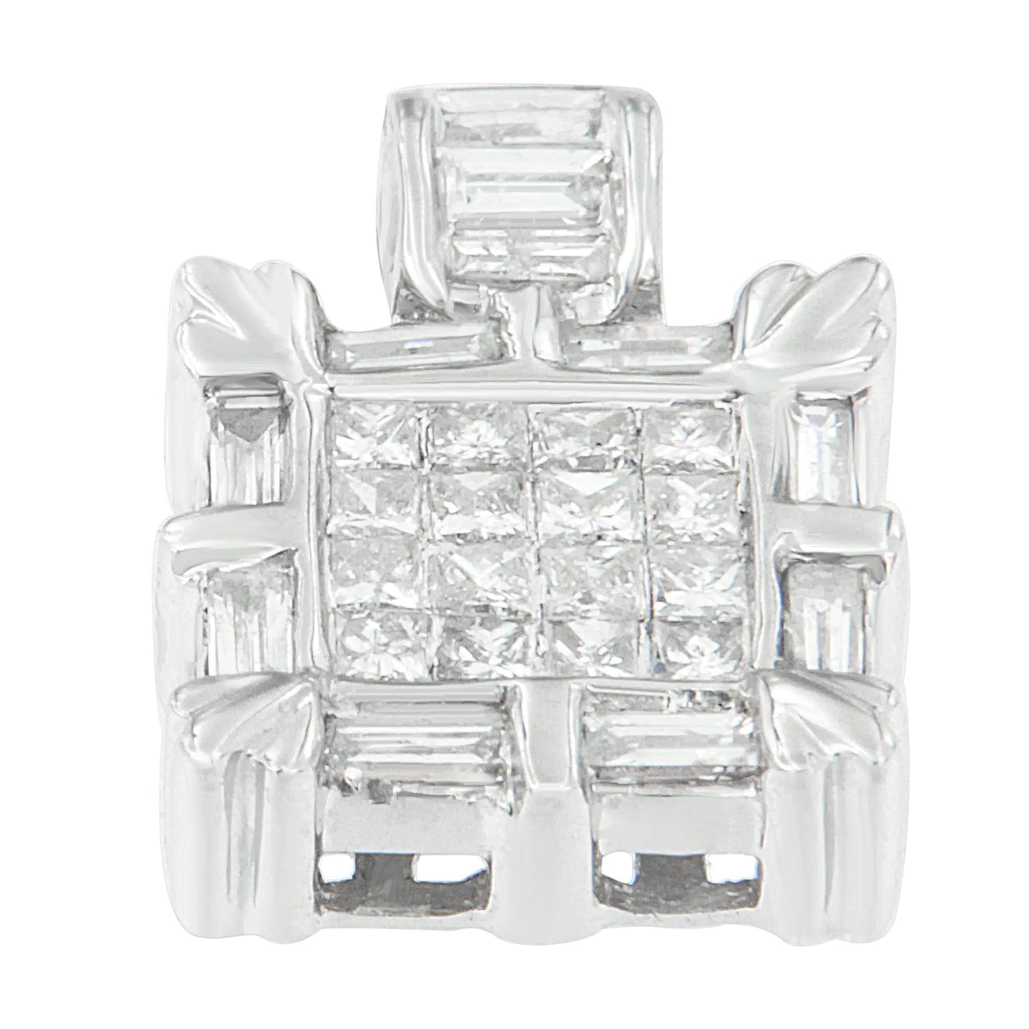 14K hvitt gull Baguette og Princess Cut Diamond Square Halo Anheng Halskjede (3/4 cttw, HI Color, SI2-I1 Clarity)