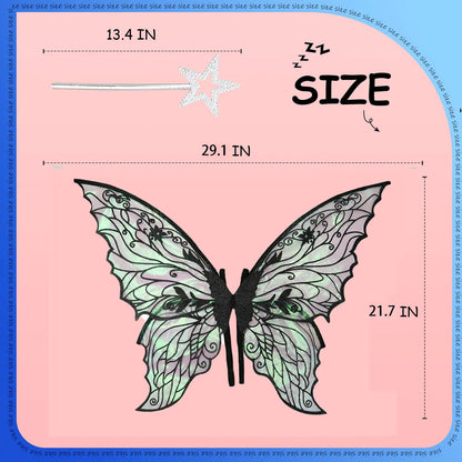 Fairy Wings for voksne og jenter， Fairy-kostymesett med blomsterkrans, eventyrhårglitter, tryllestav og alveører – 19"x24" organza sommerfuglvinger – ideell for cosplay, fest, svart