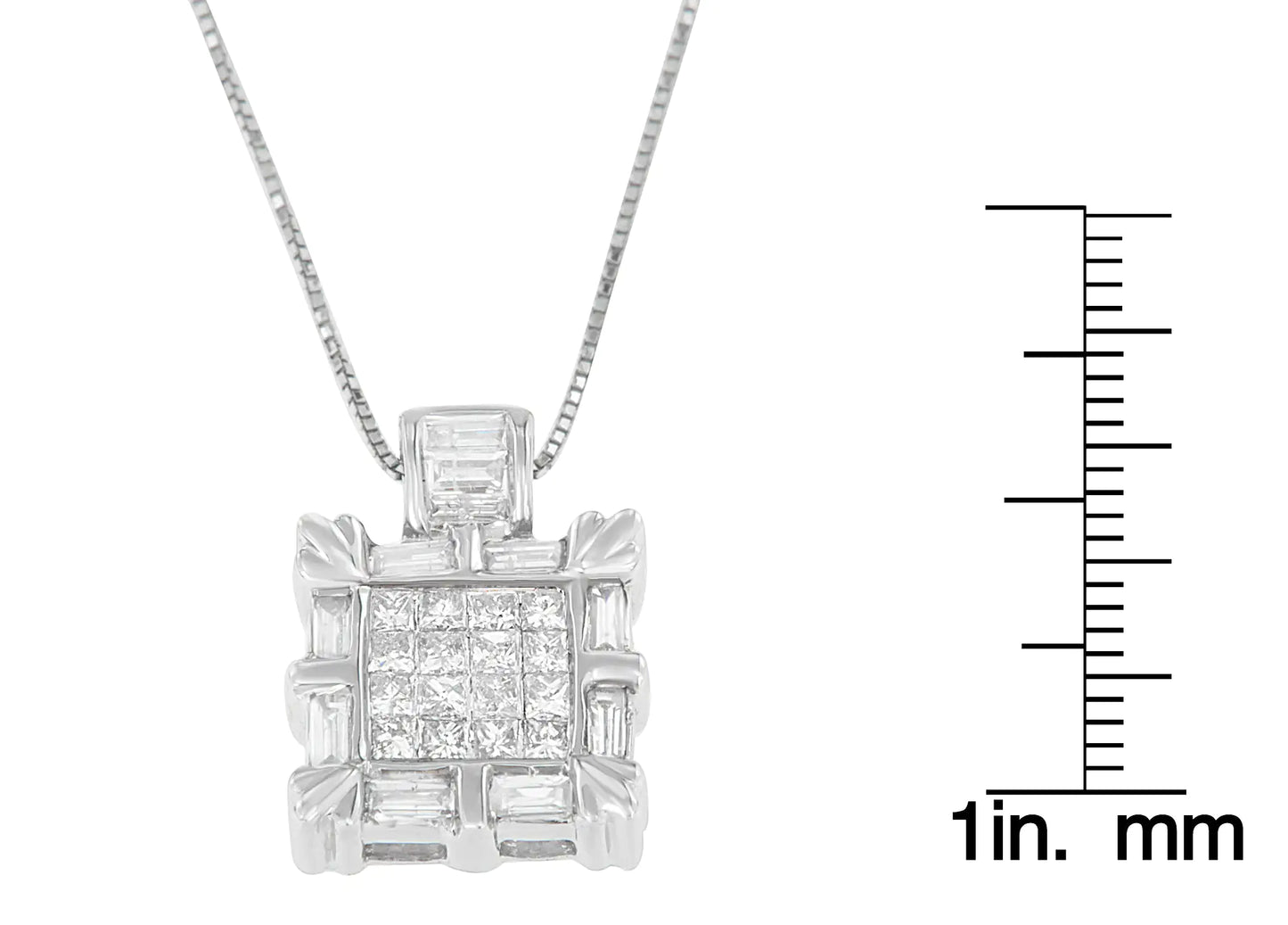 14K valgest kullast baguette ja printsessilõikega Diamond Square Halo ripats kaelakee (3/4 cttw, HI Color, SI2-I1 Clarity)