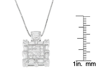 14K White Gold Baguette and Princess Cut Diamond Square Halo Pendant Necklace (3/4 cttw, H-I Color, SI2-I1 Clarity)