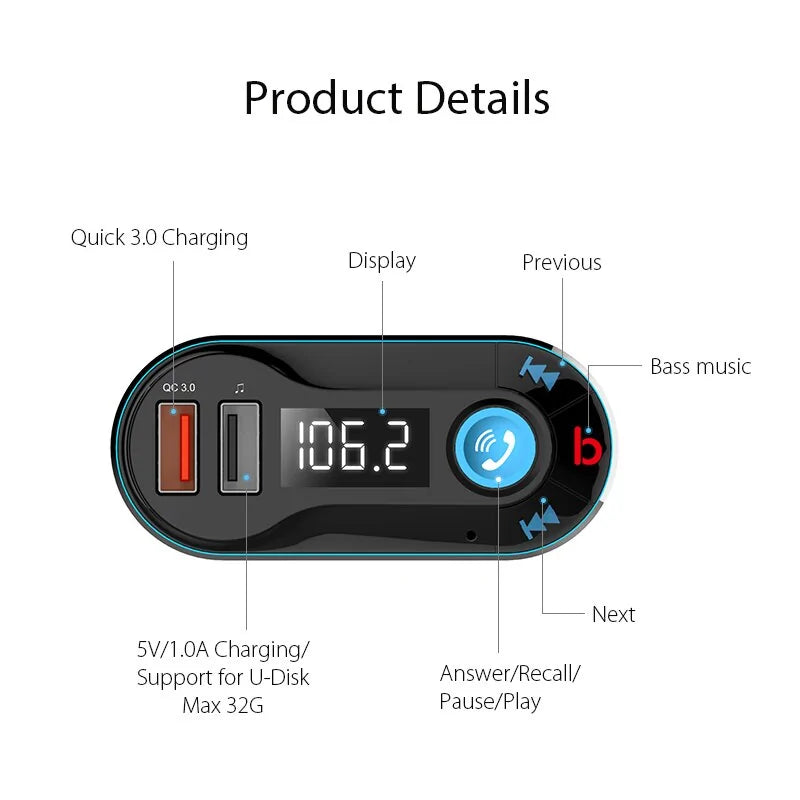 Transmisor FM Modulador Bluetooth Reproductor de Música para Carro