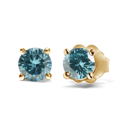 14K Gold 1/2 Cttw Aqua Blue Diamond Screw-Back 4-Prong Classic Stud Earrings (Color Treated, I2-I3)