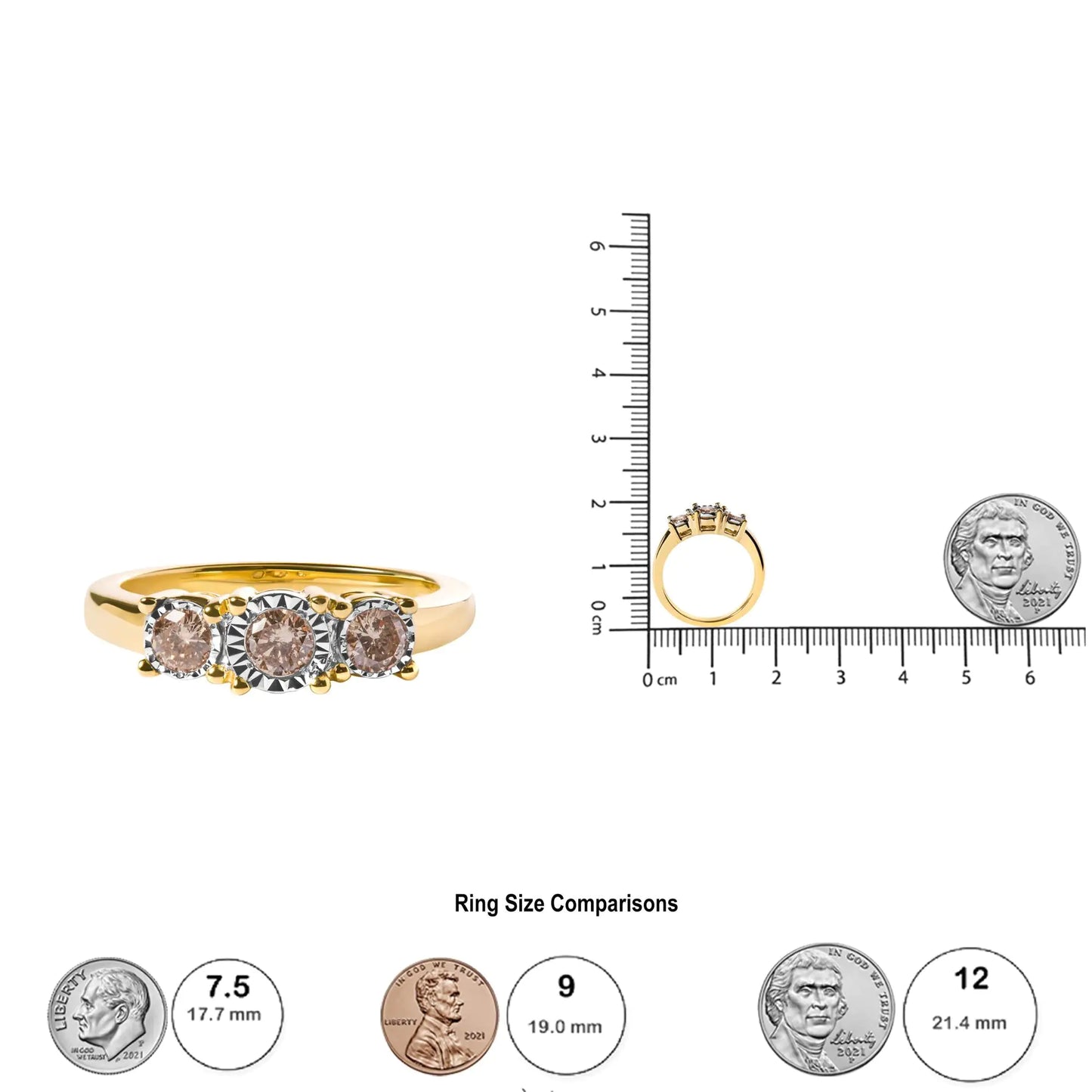 Anillo de oro amarillo de 10 quilates con tres piedras de diamantes redondos engastados milagrosos de 1/2 ct (color IJ, claridad I2-I3)