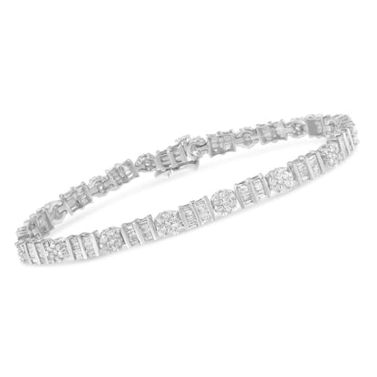 14K Gold 3-3/8 Cttw Round & Baguette-Cut Diamond Cluster Alternating Station 7" Tennis Bracelet (H-I Color, I1-I2 Clarity)