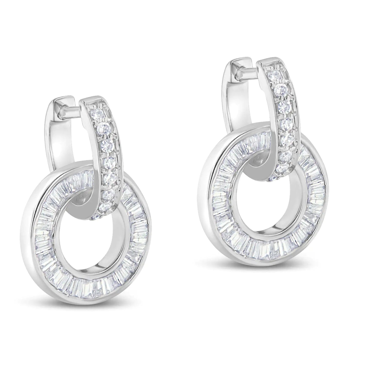 Aretes de oro blanco de 14 k con diamantes de talla baguette y redonda (1 ctw, color GH, claridad SI1-SI2)