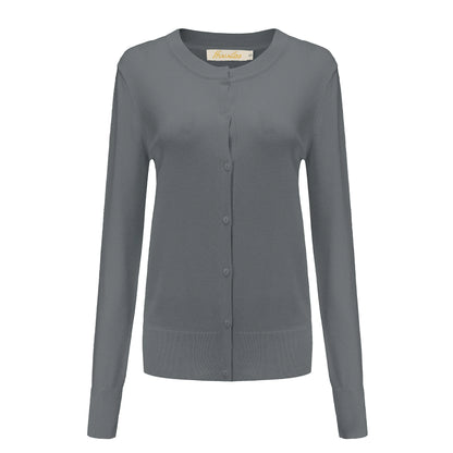 Suéter tipo cárdigan de manga larga con botones y cuello redondo para mujer, gris plateado, talla XX-Large