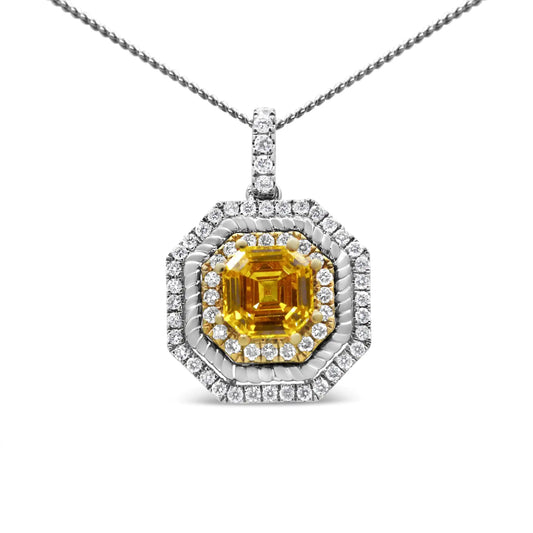 Collar con colgante de oro blanco y amarillo de 18 quilates con halo de 45,7 cm y diamantes amarillos de talla Asscher cultivados en laboratorio de 2 1/4 quilates, estilo art déco (color amarillo/GH, claridad VS1-VS2)