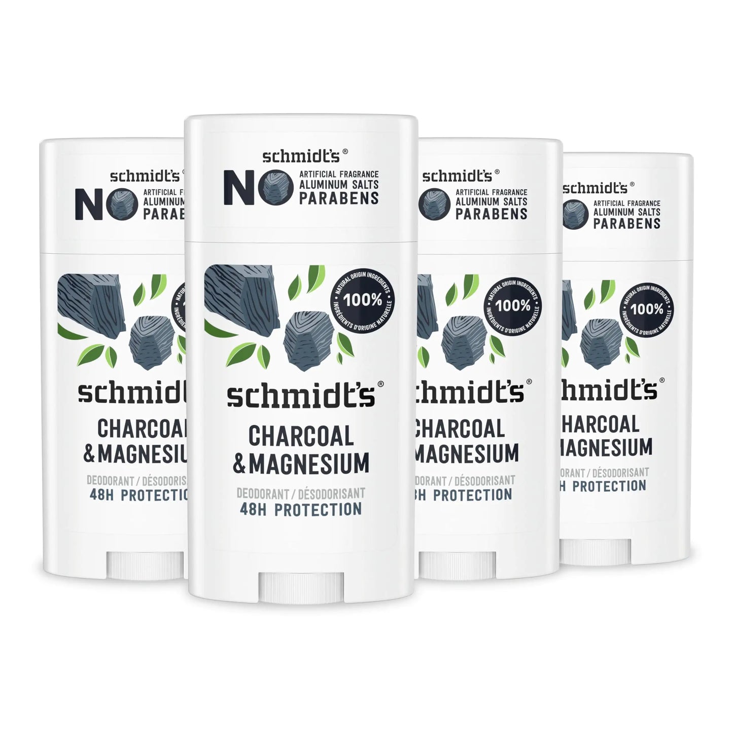 Desodorante vegano Schmidt's sin aluminio, con carbón y magnesio, 24 horas de protección contra el mal olor, 4 unidades para mujeres y hombres, ingredientes naturales, sin crueldad animal, 77 g