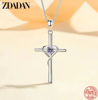 ZDADAN 925 Silver Blue Zircon Cross Pendant Necklace for Women