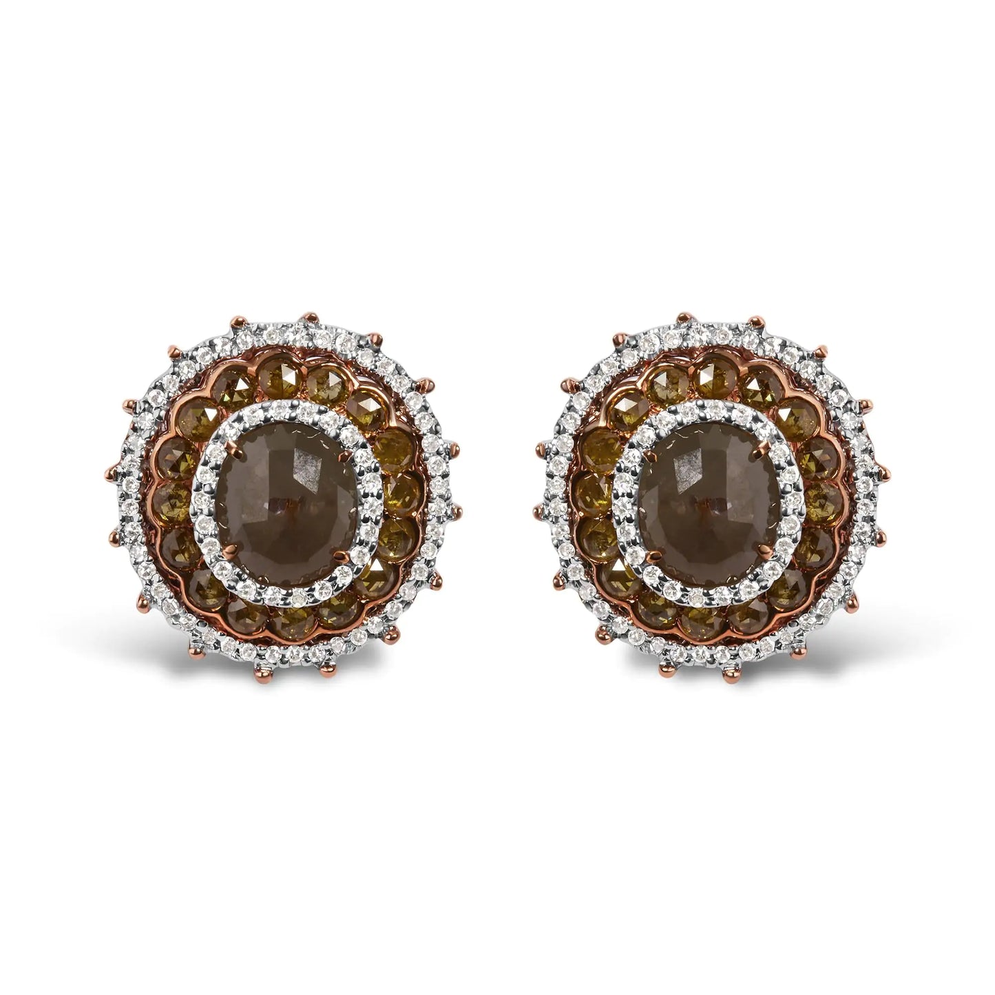 14K Rose Gold 3 1/2 Cttw Fancy Rose Cut Diamond Circle Shaped Triple Halo Stud Earring (Fancy Color, I2-I3 clarity)