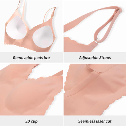 DEANGELMON Sujetador de cuello en V, acolchado, sin costuras, con tirantes ajustables, bralettes, sujetadores básicos para dormir de uso diario, paquete múltiple, negro, melocotón suave, albaricoque pequeño