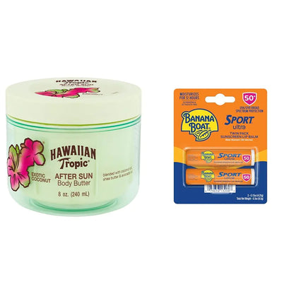 Hawaiian Tropic After Sun Body Butter med kokosnøttolje, 8 oz &amp; Banana Boat Sport Ultra SPF 50 Lip Sunscreen Twin Pack | After Sun Lotion &amp; Lip Balm Bundle 8 Fl Oz (pakke med 1) After Sun+ Lip Balm, SPF 50