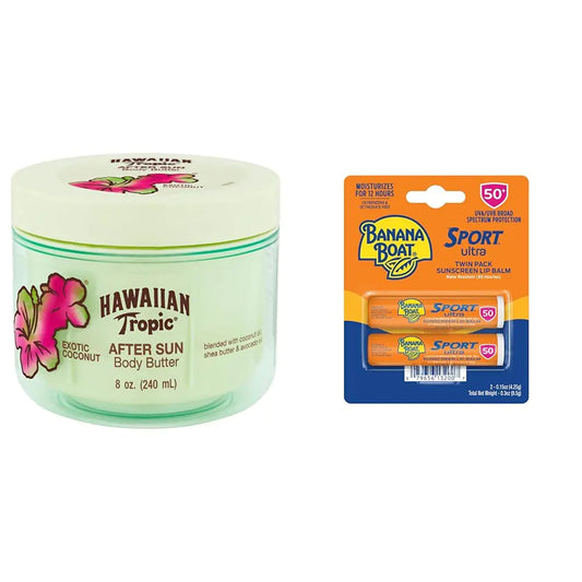 Hawaiian Tropic After Sun Body Butter med kokosnøttolje, 8 oz &amp; Banana Boat Sport Ultra SPF 50 Lip Sunscreen Twin Pack | After Sun Lotion &amp; Lip Balm Bundle 8 Fl Oz (pakke med 1) After Sun+ Lip Balm, SPF 50