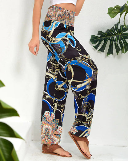 QIANXIZHAN Women's Harem Pants, High Waist Yoga Boho Trousers with Pockets Large Chain Blue