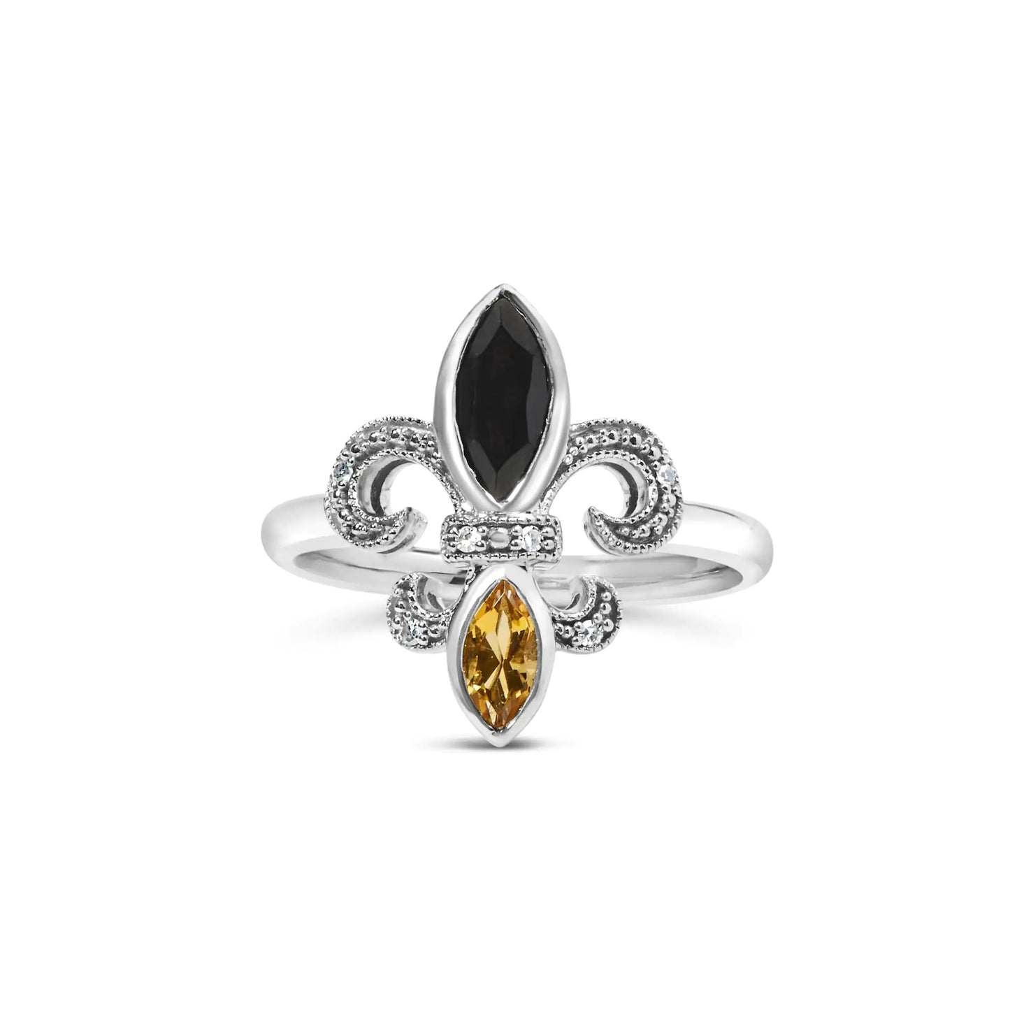 Anillo de plata de ley 925 con ónix negro y citrino amarillo, talla marquesa y detalle de flor de lis de diamantes (color HI, claridad SI1-SI2)