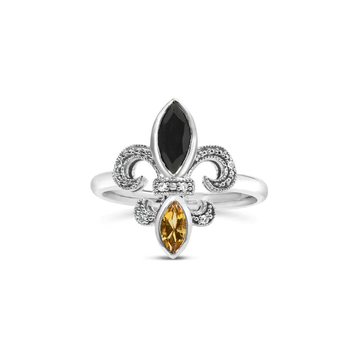 .925 Sterling Silver Black Onyx and Yellow Citrine Marquise and Diamond Accent Fleur De Lis Ring (H-I Color, SI1-SI2 Clarity)