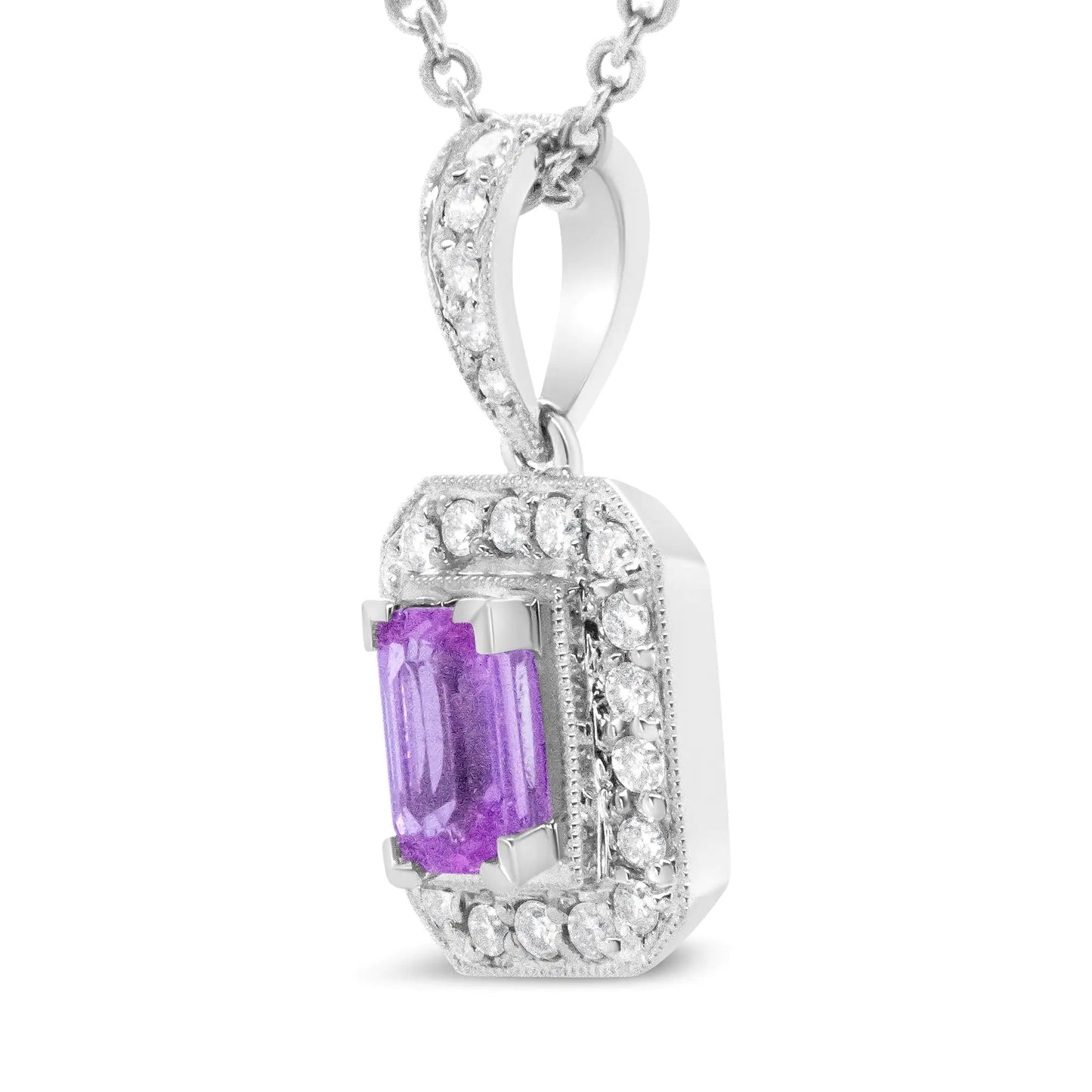 18K White Gold 6x4mm Pink Sapphire and 1/4 Cttw Pave-Set Round Diamond Pendant 18" Necklace - (H-I Color, VS1-VS2 Clarity)