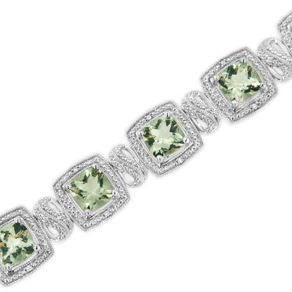 Pulsera de tenis de plata de ley 925 con amatista verde de talla cojín de 7 x 7 mm y diamante de talla única de 1/10 ct. de forma cuadrada (color IJ, claridad I1-I2) - 18 cm