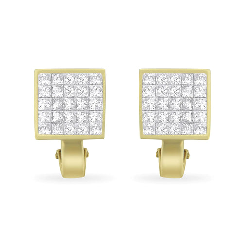 Aretes tipo botón de oro amarillo de 14 quilates con diamantes de talla princesa de 3-1/5 quilates y cierre omega, con engaste invisible de cuadrícula cuadrada de ¾ (color GH, claridad VS1-VS2)