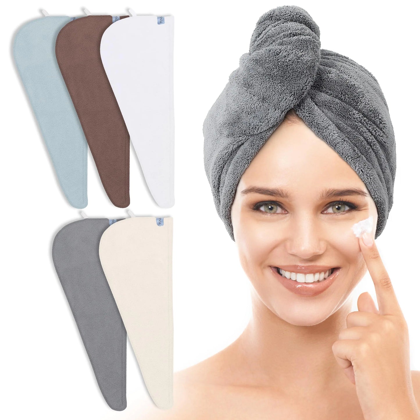 Toallas para el cabello Tenstars de microfibra gruesas para mujer, paquete de 5, diseño de lazo elástico, terciopelo coral de 320 g/m², turbante de secado rápido, 28 x 71 cm (crema, blanco, marrón, verde azulado claro y gris, 5 unidades).