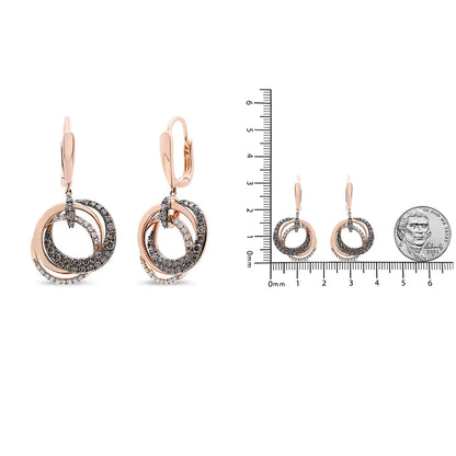 Aros y aretes colgantes circulares entrelazados de diamantes blancos y marrones de 1,00 ct en oro rosa de 14 quilates (color marrón HI, claridad SI1-SI2)