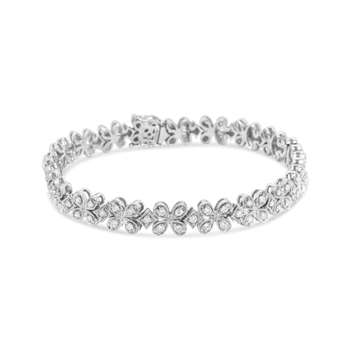 14K White Gold 1 1/2 Cttw Round Diamond Floral Clover-Shaped Link Bracelet (H-I Color, SI1-SI2 Clarity) - Size 7"