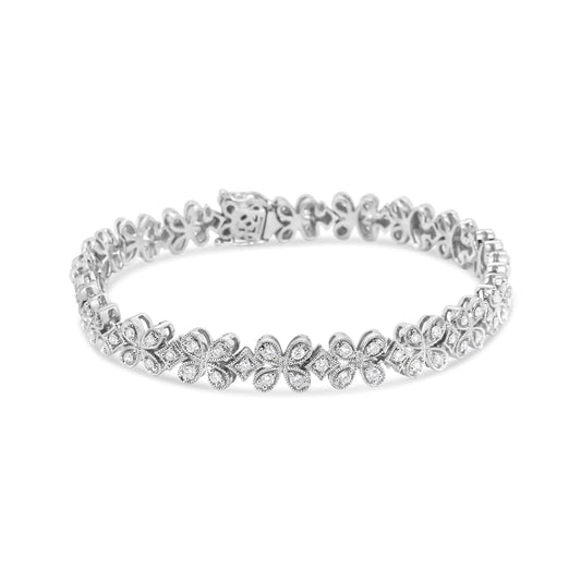 Pulsera de oro blanco de 14 quilates con eslabones florales en forma de trébol y diamantes redondos de 1 1/2 quilates (color HI, claridad SI1-SI2) - Talla 7"