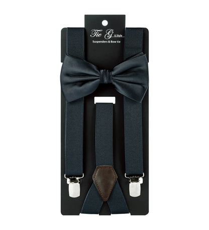 TIE G Solid Color Men's Suspender + Woven Bow Tie Set for Wedding : Vivid Color, Adjustable Brace, Strong Clip, Elastic Band Charcoal Grey