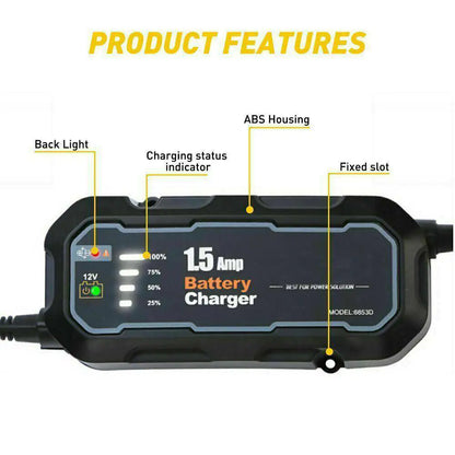 Cargador de batería inteligente automático de 1500 mAh, 12 V, portátil, para coche, con sistema de mantenimiento de goteo 