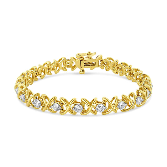 Pulsera de oro amarillo de 14 quilates con diamantes de talla redonda de 4,0 quilates y eslabones en forma de "X" (color IJ, claridad SI2-I1) - Talla 7,25